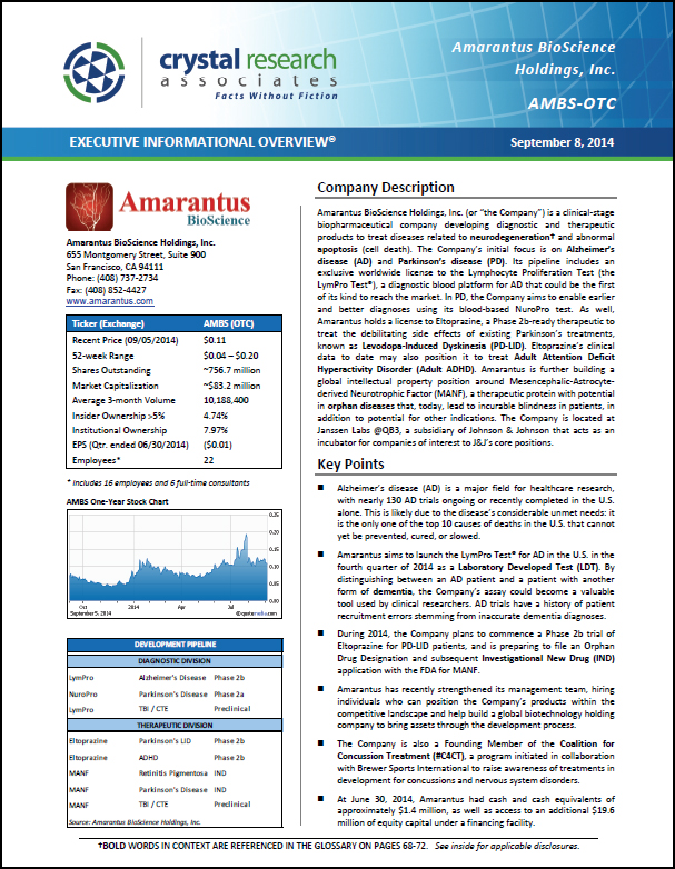 Amarantus BioSciences AMBS Executive Informational Overview Cover
