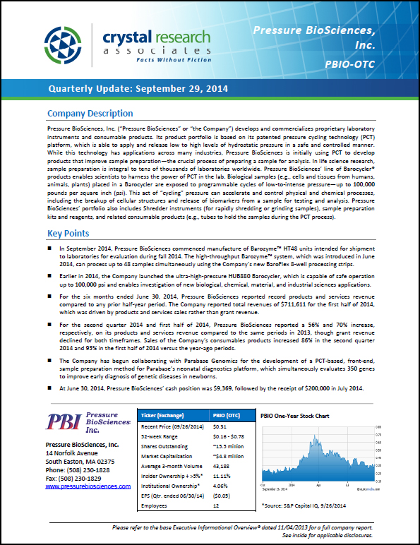 Pressure BioSciences Quarterly Update Cover
