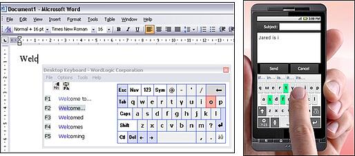 WordLogic Predictive Keyboard illustrated on a PC and cellphone