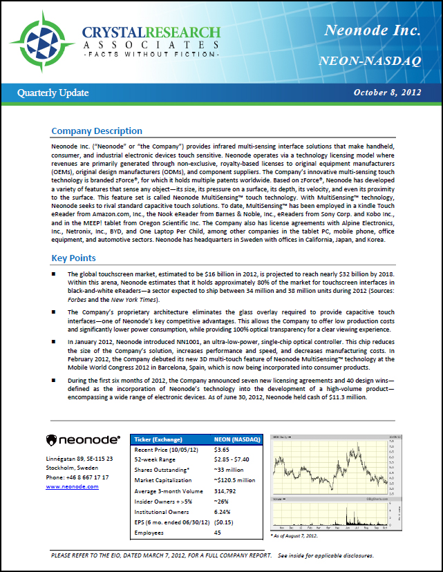 Neonode Quarterly Update Cover